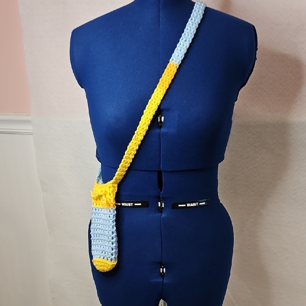 Handmade Crochet Crossbody Water Bottle Bag - Blue and Yellow
